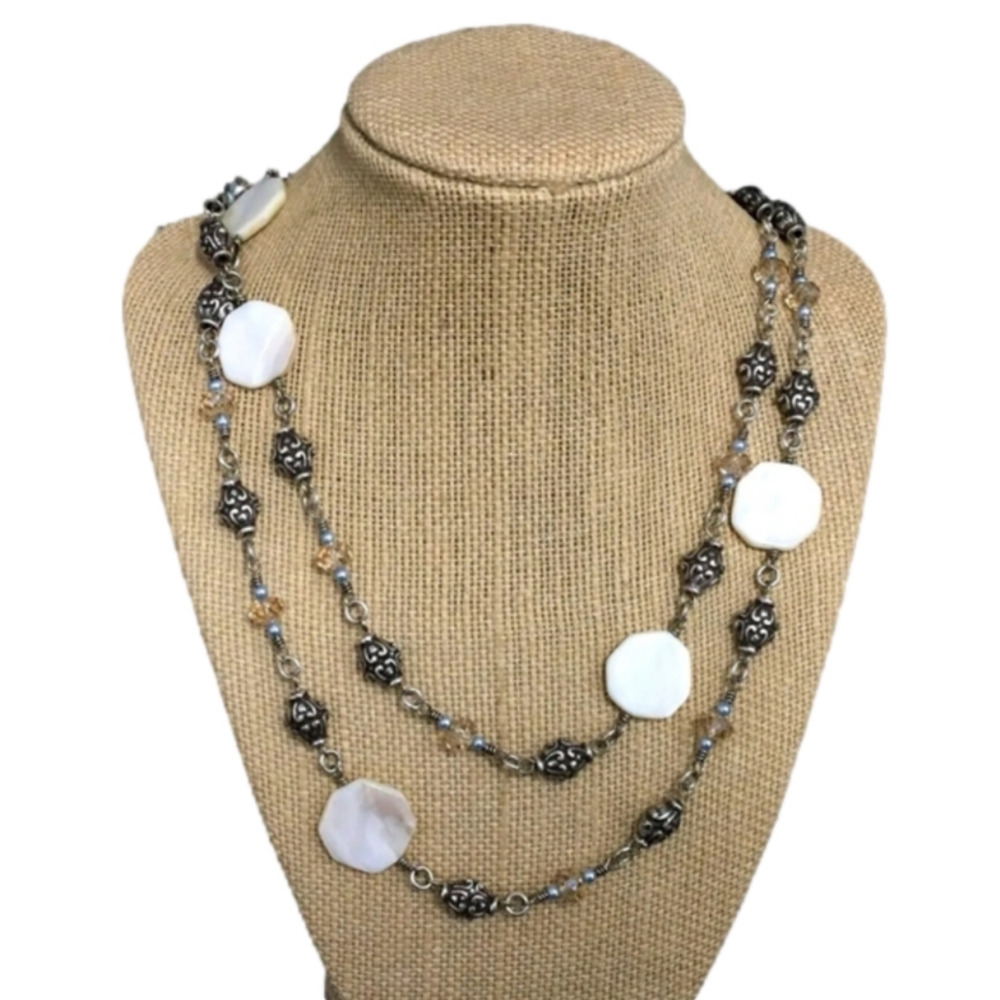 Brighton Mother of Pearl Shell Station Necklace Silver Tone Filigree Beaded Long